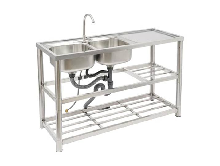 PBTERDTF Doppelbecken Waschbecken Küche Freistehend Edelstahl Spülbecken Gastronomie Spüle mit Werkbank & Lagerregal,Kalt- und Warmwasserhähne 100 kg Tragfähigkeit 120x45x80 cm