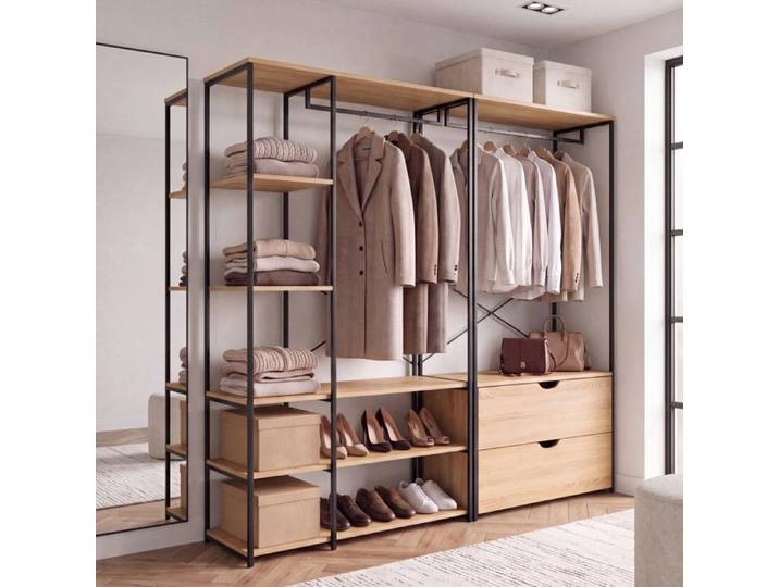 IDMARKET Dressing modulable double penderie étagères et 2 tiroirs DETROIT design industriel