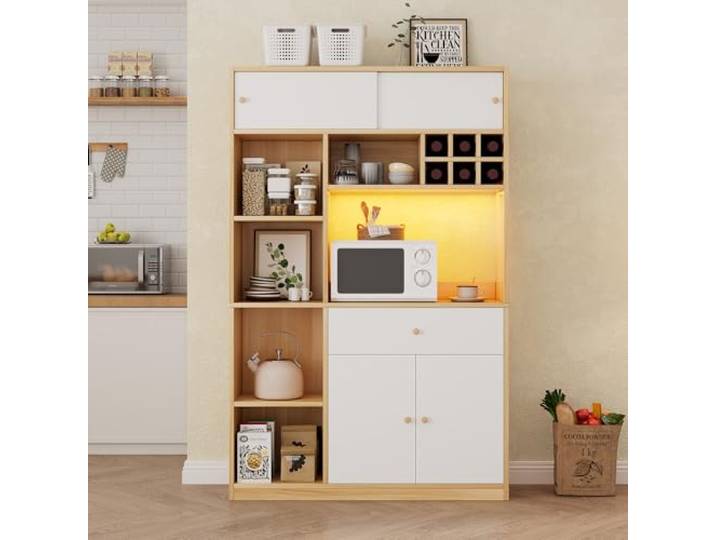 Calivra Küchenbuffet 115 cm Weiß Natur mit LED, Schublade und 3 Türen