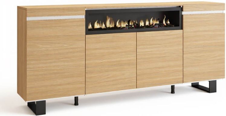 duehome Aparador de 4 puertas con chimenea integrada y patas 203 cm Kavos Up - Roble Arena- Blanco