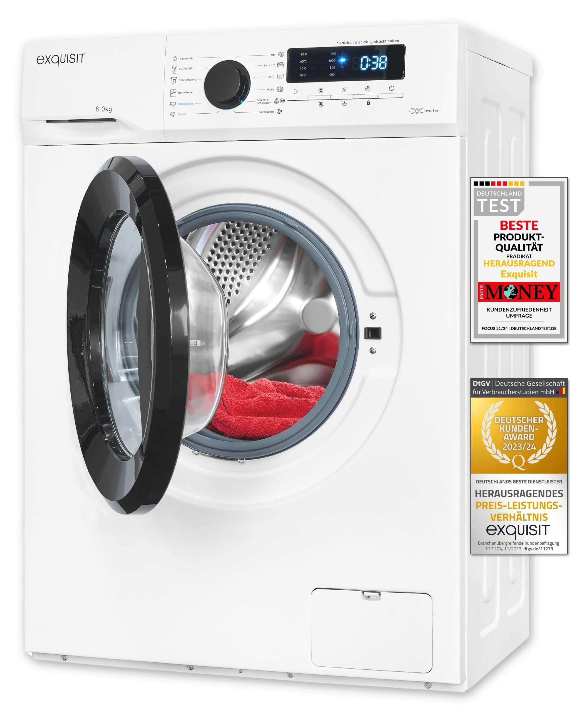 Exquisit Waschmaschine WA8014-020A weiss | 8 kg Fassungsvermögen | Energieeffizienzklasse A | 12 Waschprogramme | Kindersicherung | Startzeitvorwahl