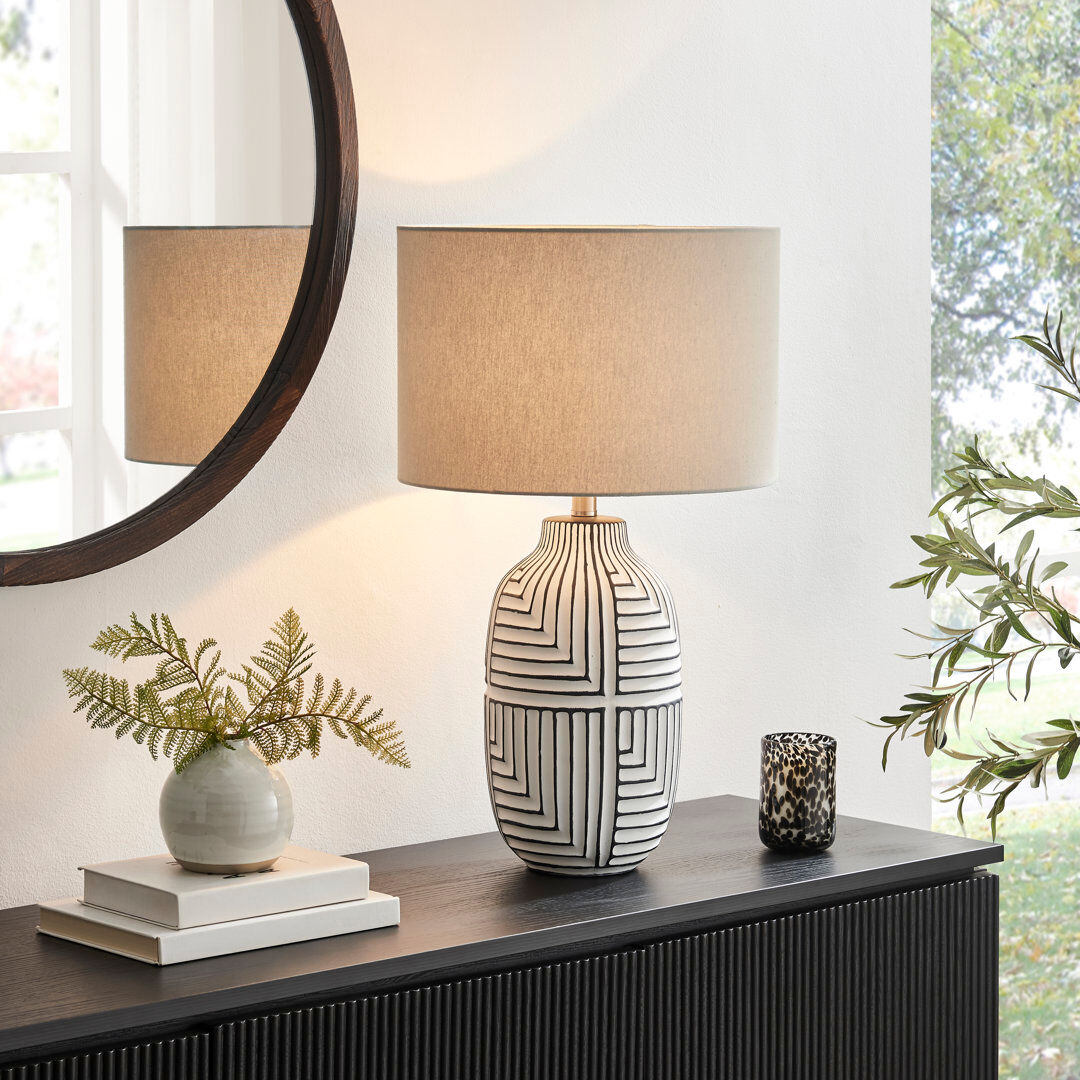 Canora Grey Maize Grey & Black Patterned Ceramic Round Base Table Lamp - Elegant Simple Design Grey 64.7cm H X 38cm W X 38cm D