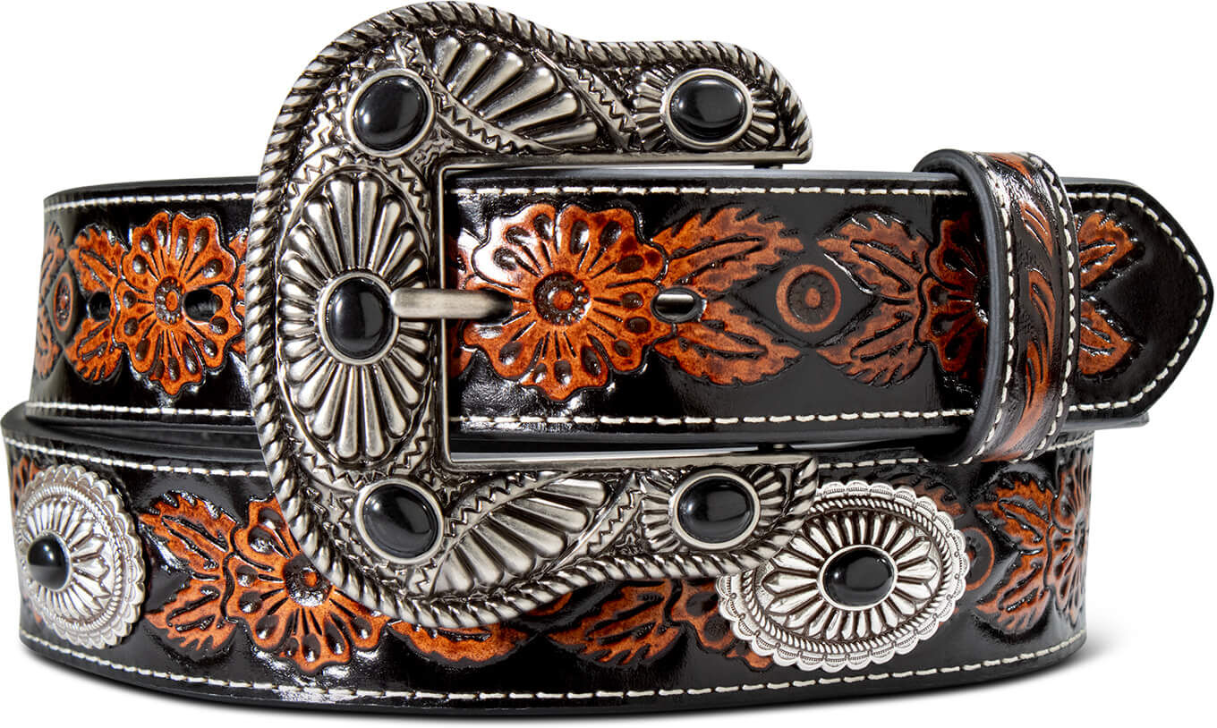 Floral Embossed Belt with Black Stone Conch in Multi, Size: Large by Ariat