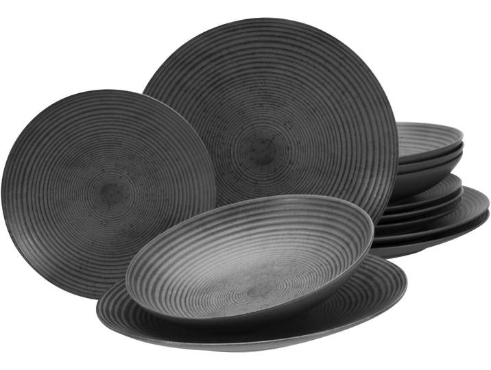 Tafelservice MY HOME Teller Set, Geschirr-Set, Service Andree , grau (anthrazit), 12 Stk., Steinzeug, Geschirr-Sets, Tafelservice, handwerklicher Look, seidenmatte Glasur, 12 Teile für 4 Personen