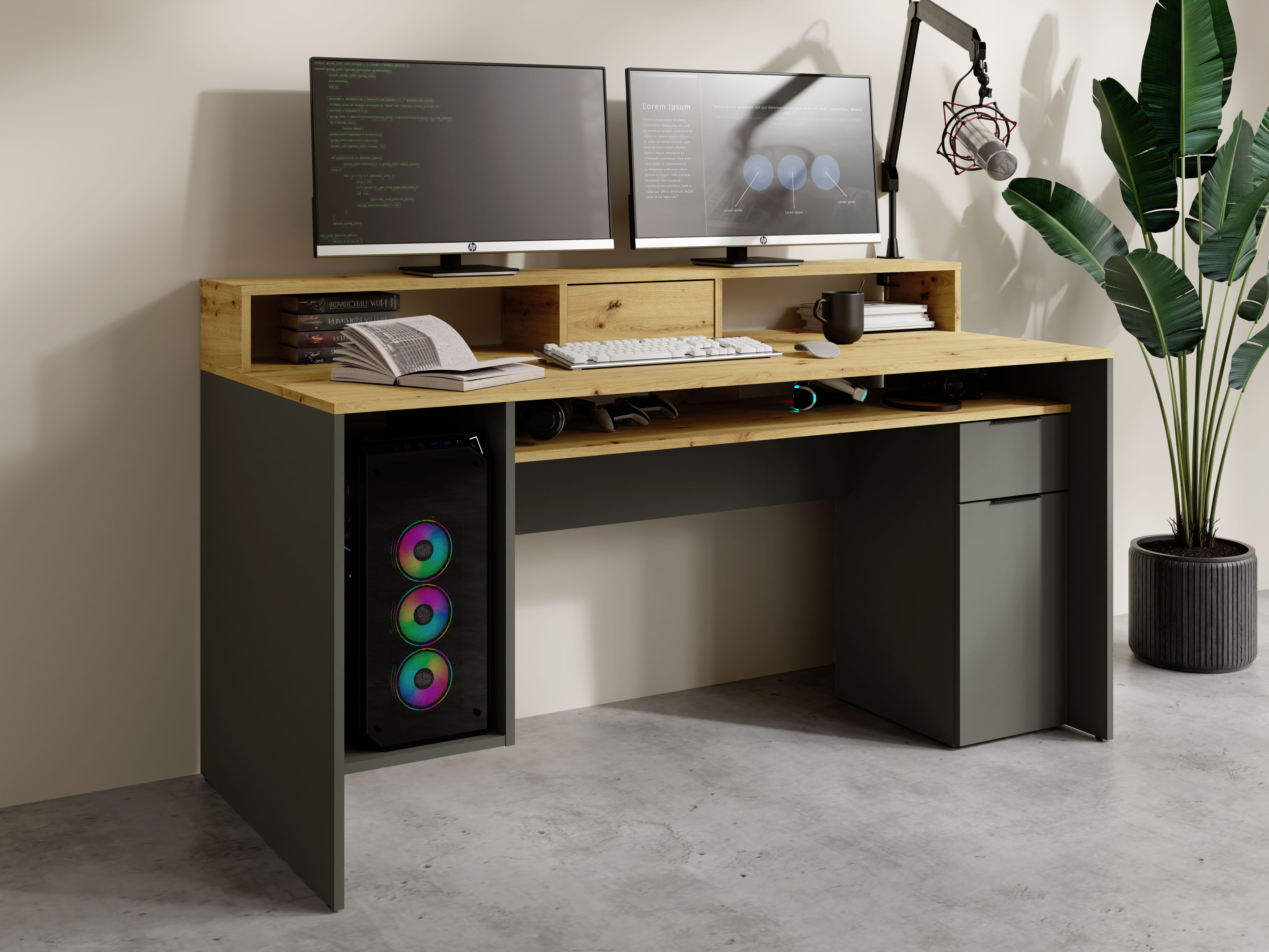 Schreibtisch GOODPRODUCT "Peooria Computertisch mit Monitoraufsatz & Towerfach, viel Stauraum", grau (artisan, eiche, graphitgrau, graphitgrau, artisan, eiche), B:160cm H:91cm T:70cm, Tische, Schreibtisch, Büroschreibtisch, Gamingtisch mit Schublade, mode