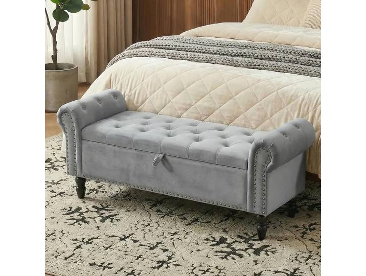 Banc ottoman de rangement, bancs en velours, banc de bout de lit avec pieds en bois massif, ottoman rembourré avec rangement, banc d'intérieur