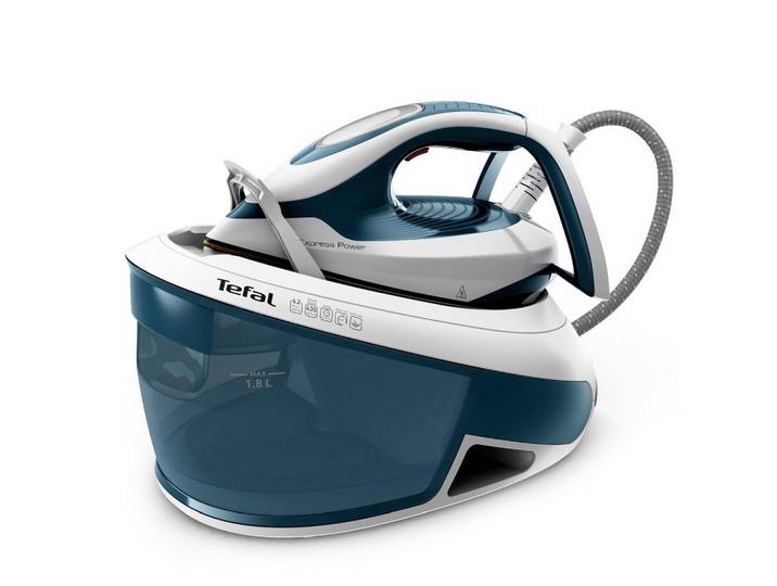 Tefal Dampfbügelstation Express Power Sv8111, Blau, Weiß, 1800 ml, 40.0x28.5x31.0 cm, Wassertank abnehmbar, Schlauchaufbewahrungsfach, Transportverriegelung, Vertikaldampf, Abschaltautomatik, Schnellaufheizung, leichtgleitende Bügelsohle, Haushalt & Reinigung, Wäschepflege, Bügeleisen