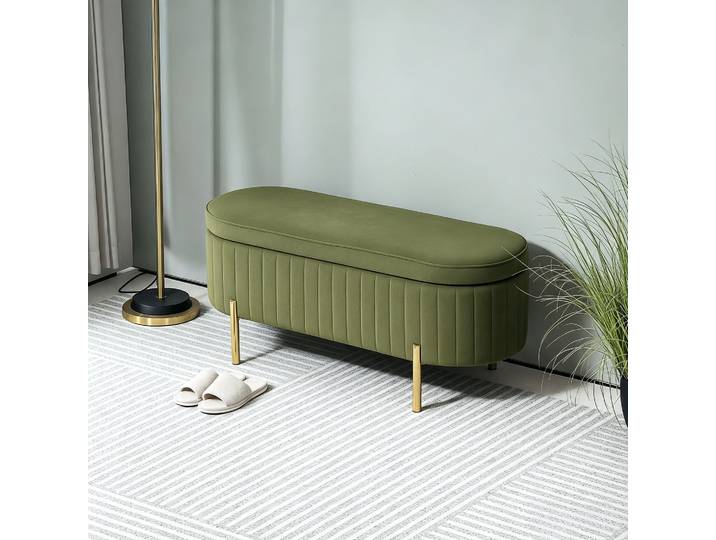 HOMCOM Banc Rangement 72L Velours Vert Bois 108x44x43.5 cm