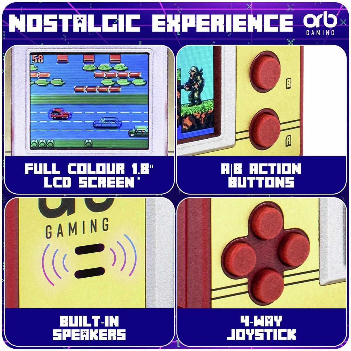 Orb Retro Mini Handheld Console - 150 Built-In 8-Bit Games, 1.8 Inch Colour Screen