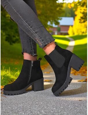 LightInthebox Women's Faux Suede Chelsea Boots – Block Heel Lug Sole Ankle Boots for Autumn Farm Trips, Country Roads and Pumpkin Picking
