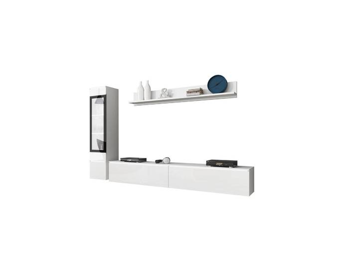 Feldmann-Wohnen Wohnwand Vera weiß / weiß Hochglanz lackiert 3-teilig, Weiß, Schwarz, Rechteckig, 210x130x33 cm, Wohnzimmer, Wohnwände