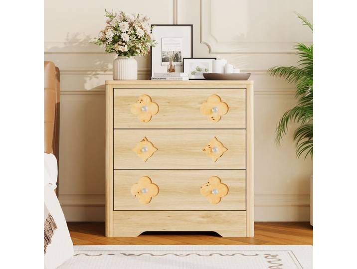 Koioplie Commode haute de chambre en bois style bohème rotin 3 tiroirs finition chêne naturel pour salon ou entrée Natural wood