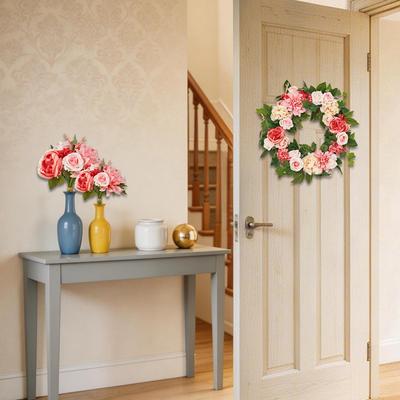Garvee Artificial Floral Spring Peony and Dahlia Wreath ,Door Wreath with Real Rattan Base, for Front Door Home Decor