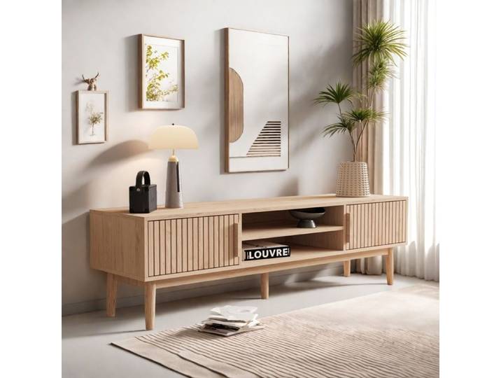 Meuble TV Meuble TV avec 2 portes + 1 étagère Meuble TV rétro pour TV jusqu'à 70 pouces Meuble de rangement Beige
