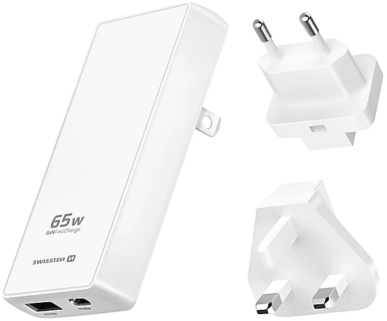 Swissten Reiseadapter GaN USB-C + USB-A 65W Austauschbare Stecker (US, EU, UK) Weiß