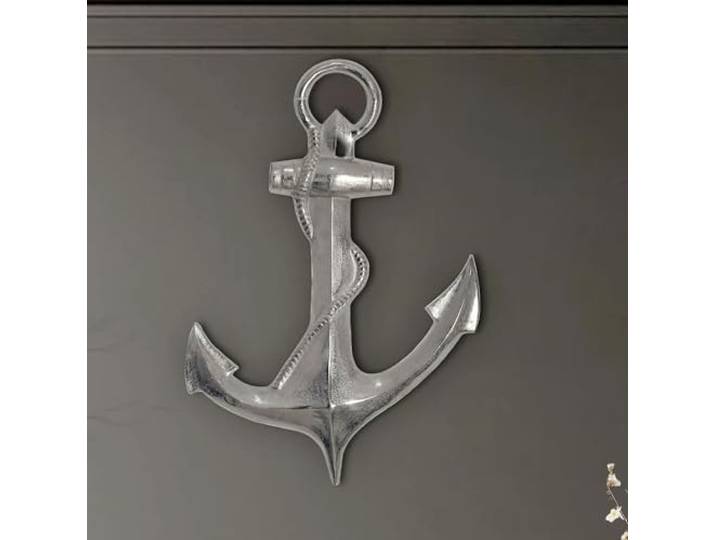 WOHNLING Déco Ancre 47x4x70 cm Aluminium Argentée XXL\, Maritime décoration murale avec détails de cordage\, figure en métal grand\, décoration murale fait main\, chaque pièce est unique