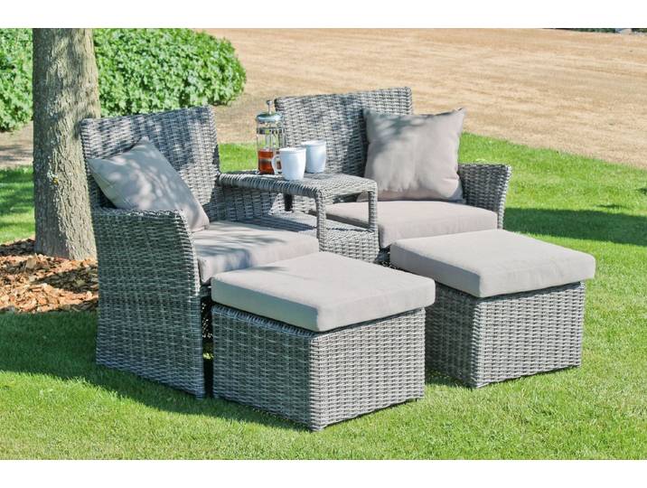Garden Pleasure Gartensessel CALGARY (Set), Doppelsessel mit integriertem Tisch, 2 Hockern und Auflagen