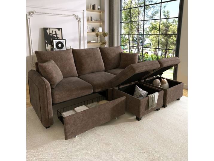 ELVORIN canapé d angle modulable en U poufs 52 x 52 cm chenille antique brown rangement convertible 3 places