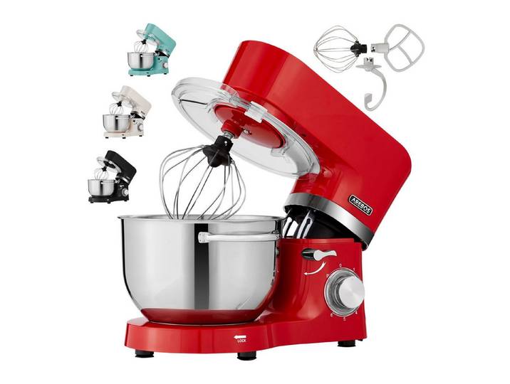 Arebos Küchenmaschine mit 2x Edelstahl-Rührschüsseln 4,5 & 5,5L, 1500 W, 5,50 l Schüssel, Küchenmixer mit Rührhaken, Knethaken, Schlagbesen und Spritzschutz