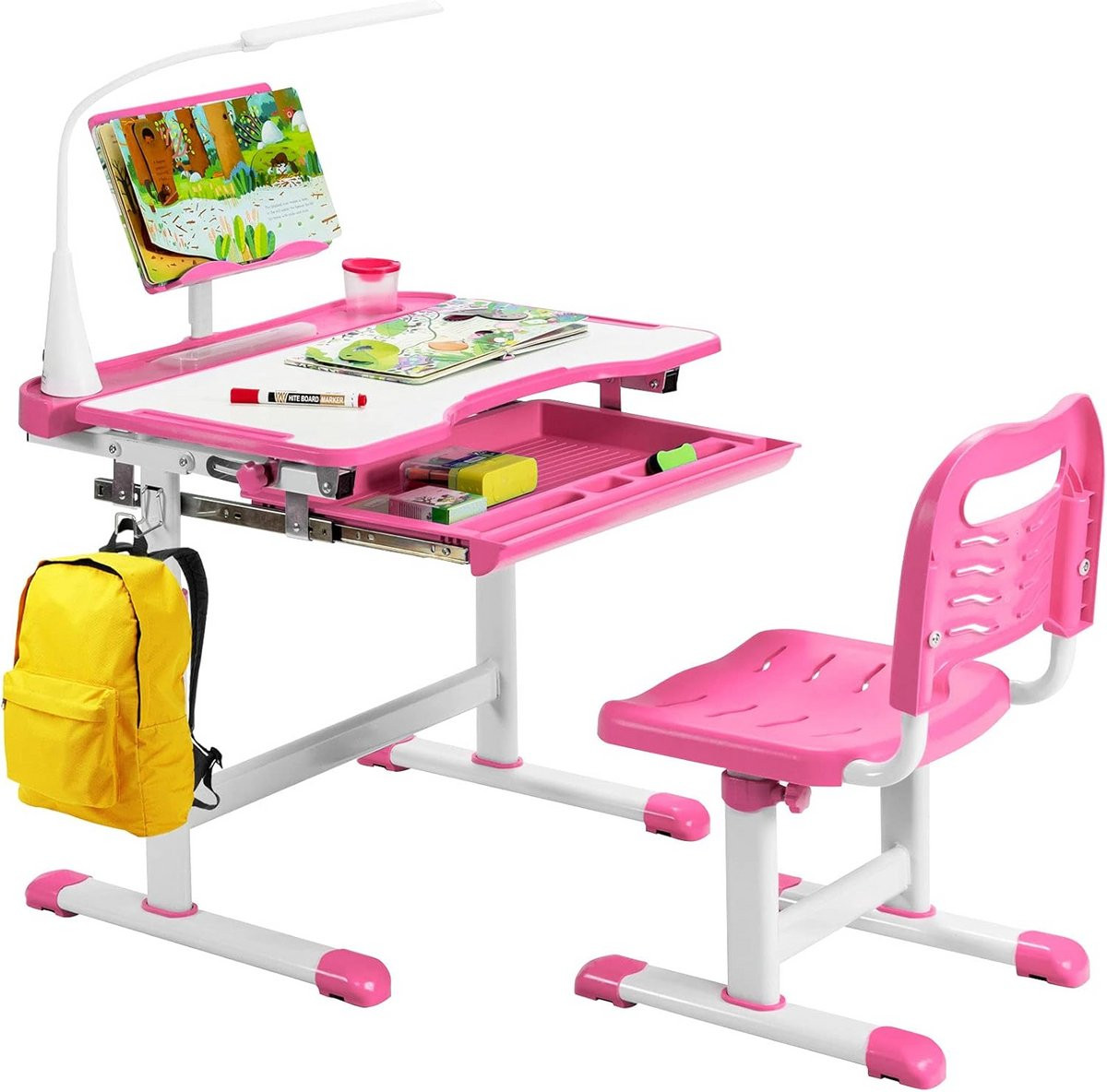 In hoogte verstelbaar kinderbureau met stoel, kantelbaar tafelblad en LED-verlichting