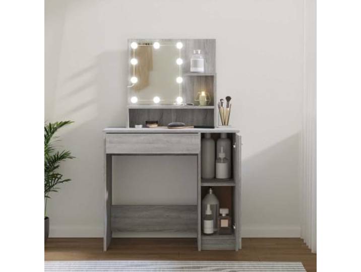 LPERTGFHU Schminktisch mit LED-Beleuchtung, Kosmetiktisch Grau Sonoma Inklusive USB-Anschluss, Mit Schublade und Beistellschrank, Robustes Design