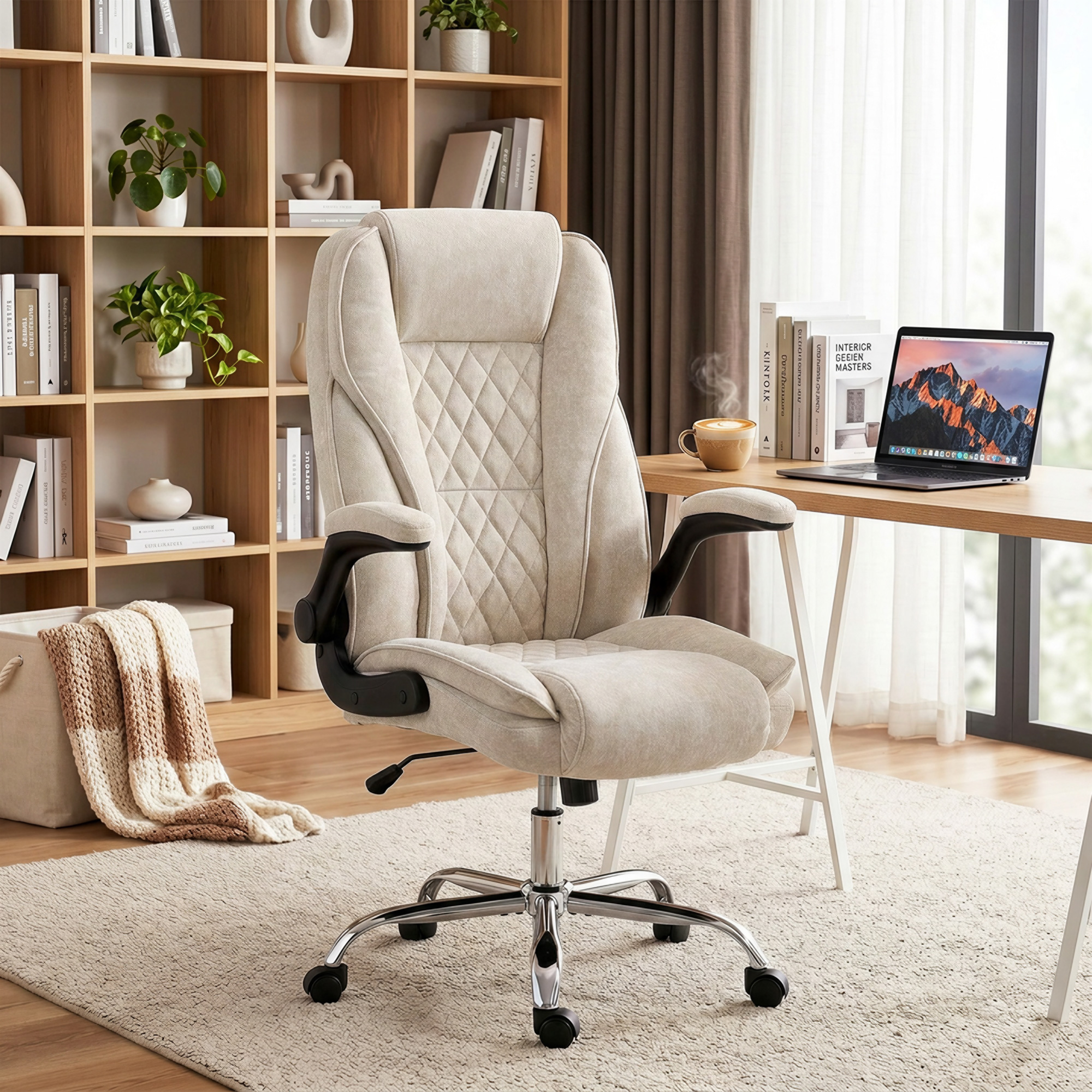Homcom Poltrona da Ufficio, Sedia da Ufficio Ergonomica, Altezza Regolabile, Braccioli Reclinabili, 70x70x114-122 cm, Beige   Aosom Italy