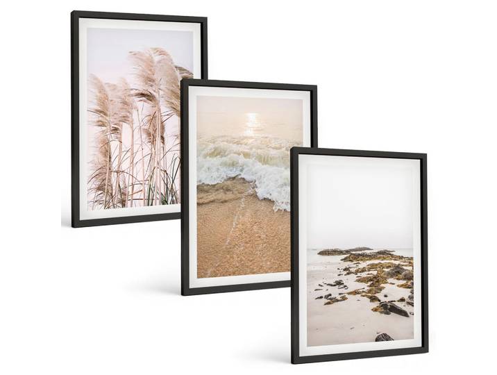 Tulup Bilder SET 3er Set - 40x60 cm Schwarzer Rahmen - Strandgras, Wellen, Steine, Boho-Stil, Kunststoff, Rechteckig, 40x60 cm, Fotografie, Bilder & Rahmen, Bilder