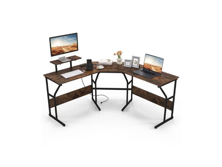 COSTWAY Bureau d'Angle en Forme de ‘L' avec Prises de Courant pour 2 Personnes Support d'Écran Amovible Marron