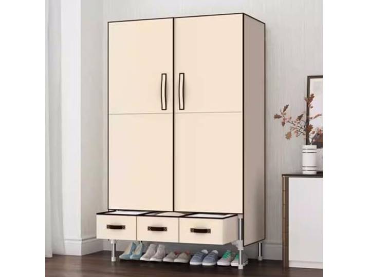 Stahlrohr-Kleiderschrank Mit Hängebereich, Klappbereich Und Drei Schubladen Zur Aufbewahrung Von Kleidung Im Schlafzimmer(Beige,A)