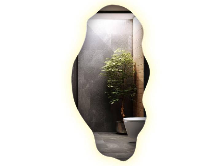 Wallfluent Led-Spiegel 45x90 cm Asymmetrisch Neutralweiß 4000K, Hellblau, Glas, Organisch, 45x90x0.4 cm, Spiegel, Wandspiegel