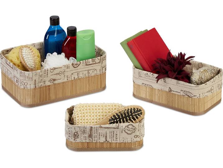 mandjes badkamer - set van 3 - bamboe - stof - 3 groottes - met print