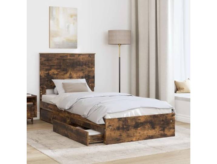 SKTQYQO Bettkasten Eiche Rauchgrau 90 x 190 cm Mehrschichtiges Holz, mit Kopfteil, integrierte Schubladen, einfache Montage
