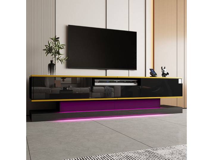Meuble TV Moderne 180x38x45cm 3 tiroirs LED changement couleur brillant