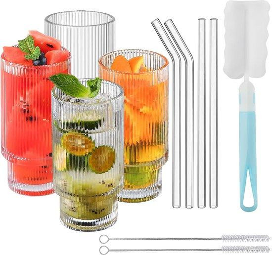 Unyqoos Set van 4 gegroefde loodvrije glazen bekers van 340 ml met glazen rietjes en reinigingsborsteltjes in vintage stijl
