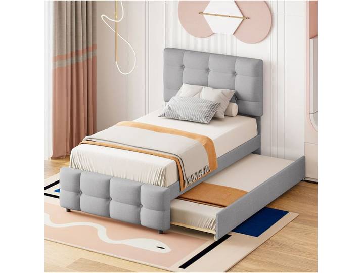 Lit enfant 90 x 200 cm extensible avec tête réglable revêtement lin confortable lit individuel gris