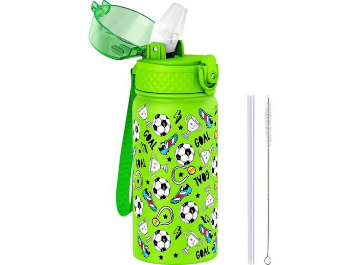 Kinder Trinkflasche mit Strohhalm 420 ml Edelstahl isoliert grün Fußball, Grün, Metall, 7.5x7.5 cm, Geschirr, Kannen & Karaffen, Trinkflaschen