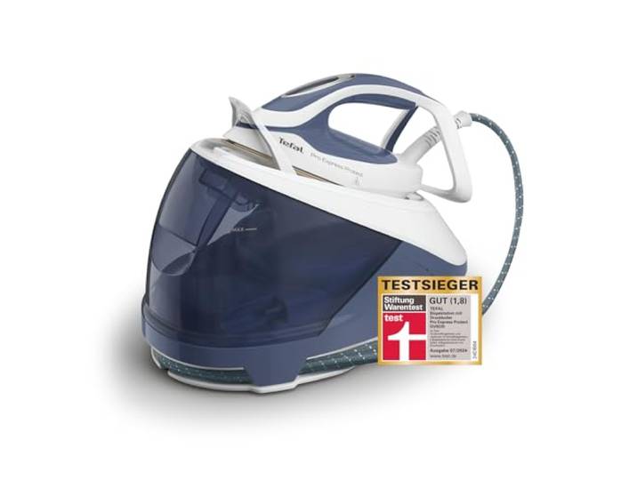 Tefal Pro Express Protect Dampfbügelstation, 7,6 Bar Dampfdruck variable Dampfmenge: 140 g/Min., Dampfstoß: 550 g/Min., Anti-Kalk-Kollektor, vertikale Dampffunktion, blaugrau/weiß, GV9225