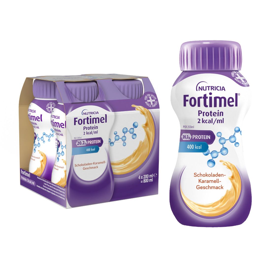 Fortimel Protein 2 kcal Schoko.-Karamell Trinknahr 4x200 ml Flüssigkeit