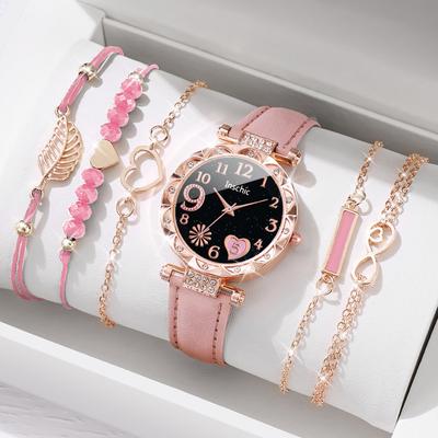 Fashion Heart Dial Analog Quartz Watch, Womens Casual Leather Band Watch With Leaf Bracelets Set Without Box 6pcs Set Without Box