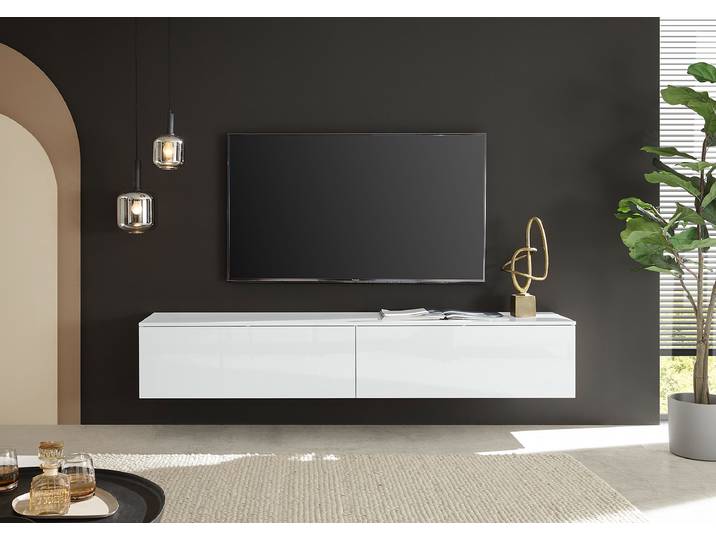 Meuble TV suspendu Gopalli Panneau de particules laqué Blanc 210cm