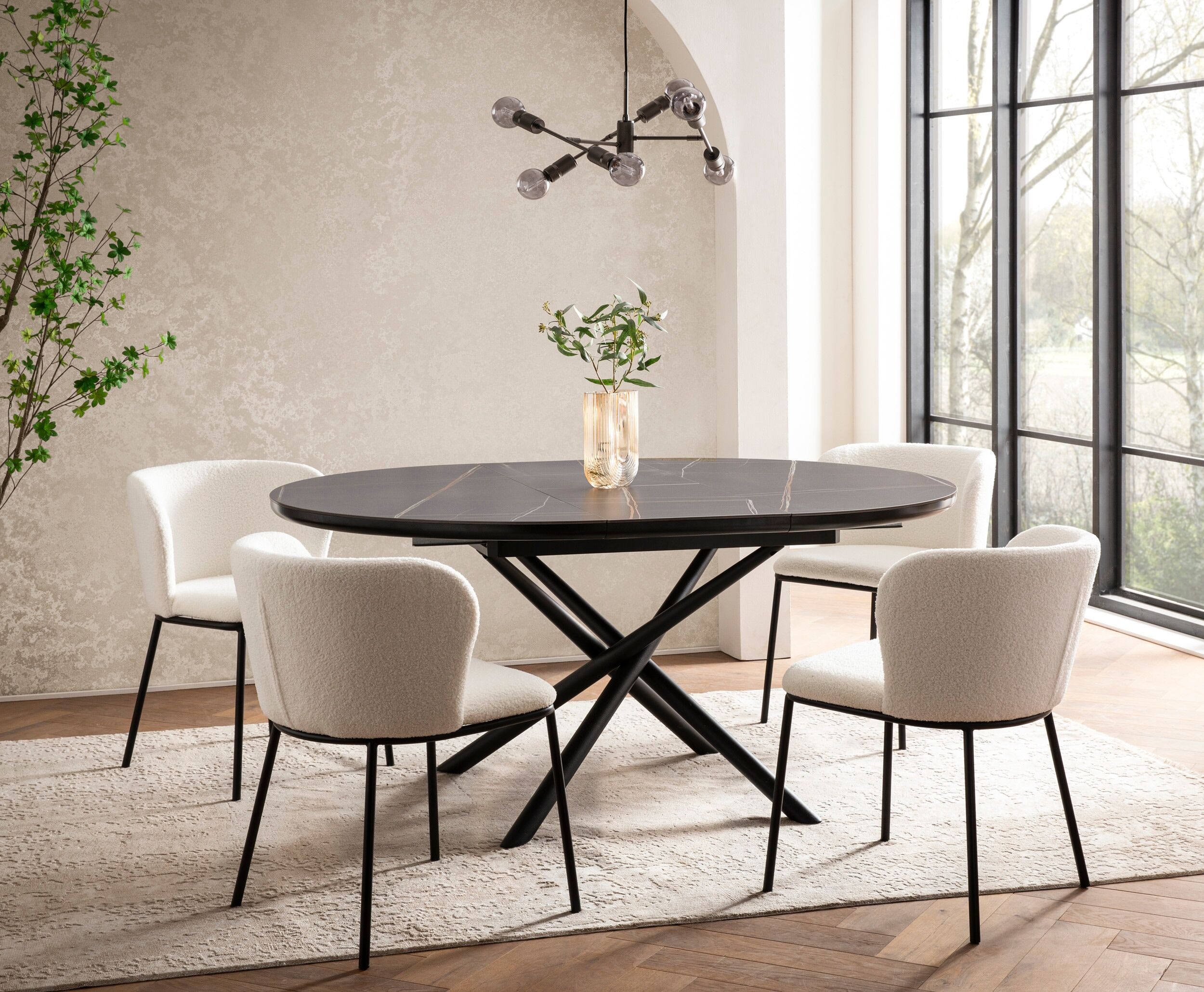 Esstisch SALESFEVER "Stuttgart Esstisch für stilvolles Speisen", schwarz (schwarz, schwarz, schwarz), B:120cm H:76cm T:120cm, MDF, Metall, Keramik, Tische, Esstisch, rund, Keramik, ausziehbar auf 120 - 160 cm schwarz, schwarz, schwarz B/H/T: 120cm x 76cm 