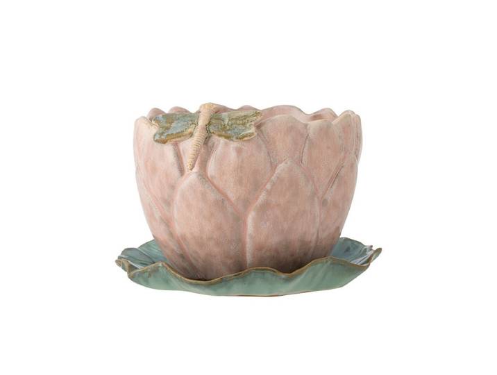 Blumentopf Seerose – Steingut mit Untertasse - Rosa-Grün - Luxusbetten24