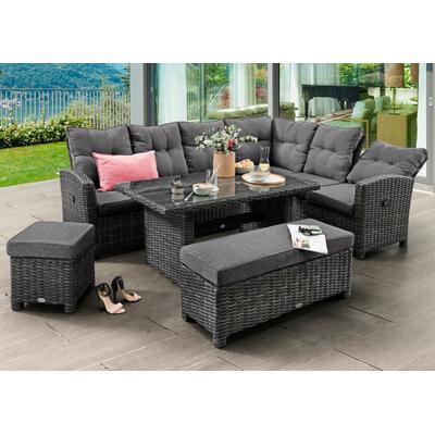 Gartenlounge-Set DESTINY "SANTA PONSA DE LUXE Eckgruppe, grau mel., Tisch 140x80cm, Polster grau", schwarz (grau meliert, grau), T:80cm, Aluminium, Geflecht Rattan, Glas, Sitzmöbel-Sets, Aluminium, Polyrattan