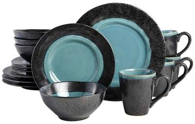 Gibson Elite Dragonstone 16 Piece Stoneware Reactive Glaze Dinnerware Set in Aqua