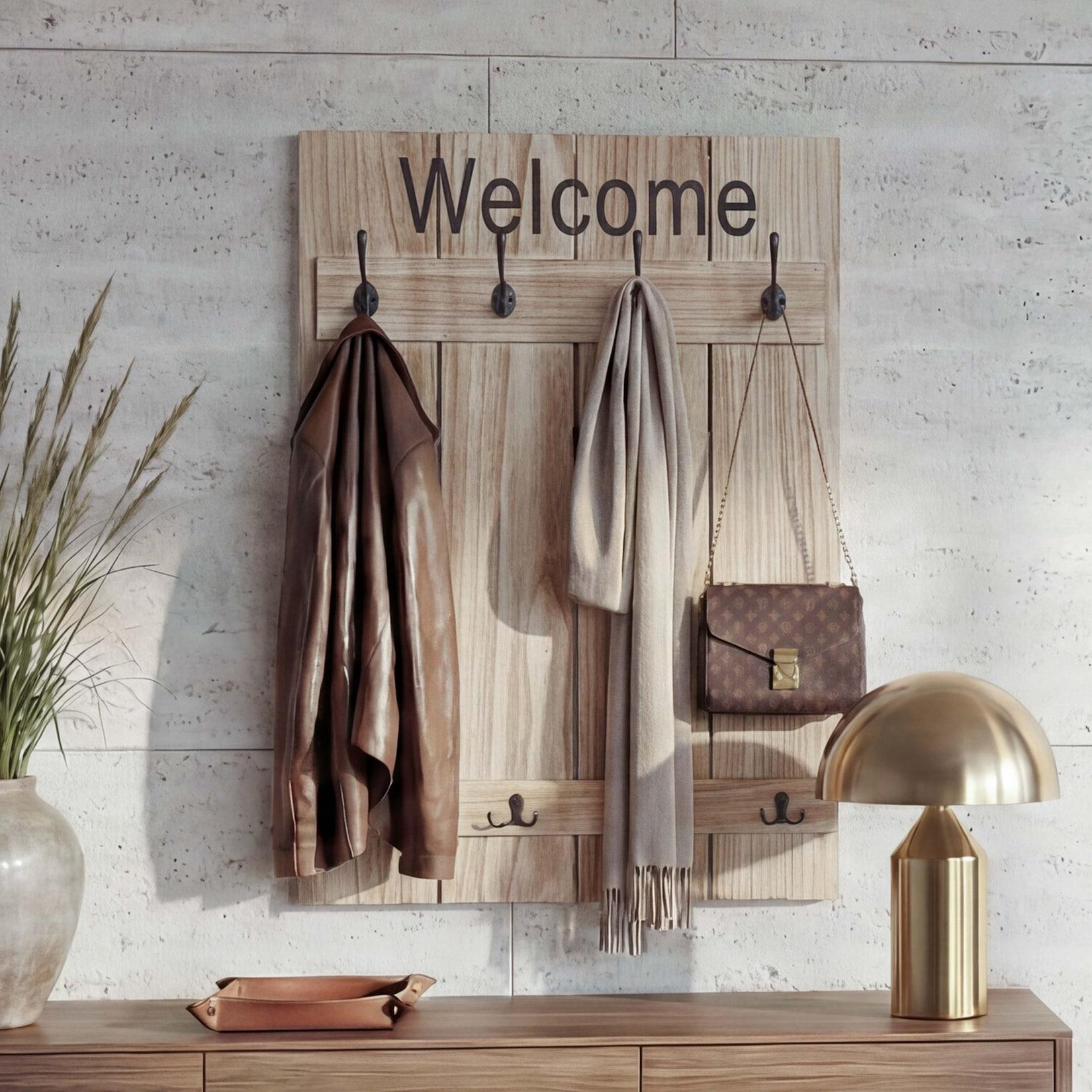 Wandgarderobe MCW-C89 Welcome, Garderobe Garderobenpaneel, Shabby-Look Vintage, 91x60cm ~ naturbraun