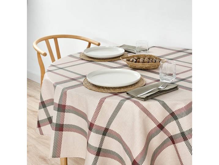 Nappe de noël ronde anti-taches 100% coton beige diamètre 190 cm