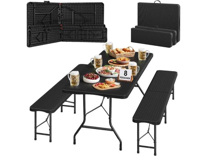 Ensemble de Meubles de Jardin - WOLTU Table à Bière Extérieur et 2 Bancs Pliables - Métal - Noir