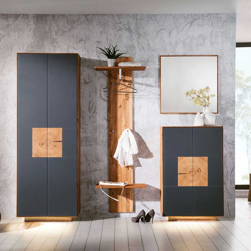 Pharao24.de Design Garderoben Set in Anthrazit Wildeiche Massivholz (vierteilig)