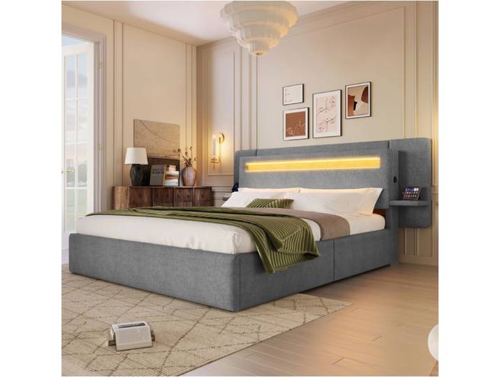 WUVRIE Lit coffre 140 x 200 cm gris en lin LED multicolore USB et table de chevet intégrée