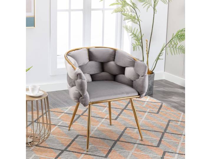 Fauteuil Design en Tissu Tressé Gris et Pieds Métal Or - Chaise Loisir Élégant et Stable pour Coiffeuse et chambre - Chic
